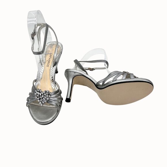 CAPARROS METALLIC SILVER LEATHER RHINESTONE HEART ANKLE STRAP SANDALs HEELS - 7B - Picture 5 of 11